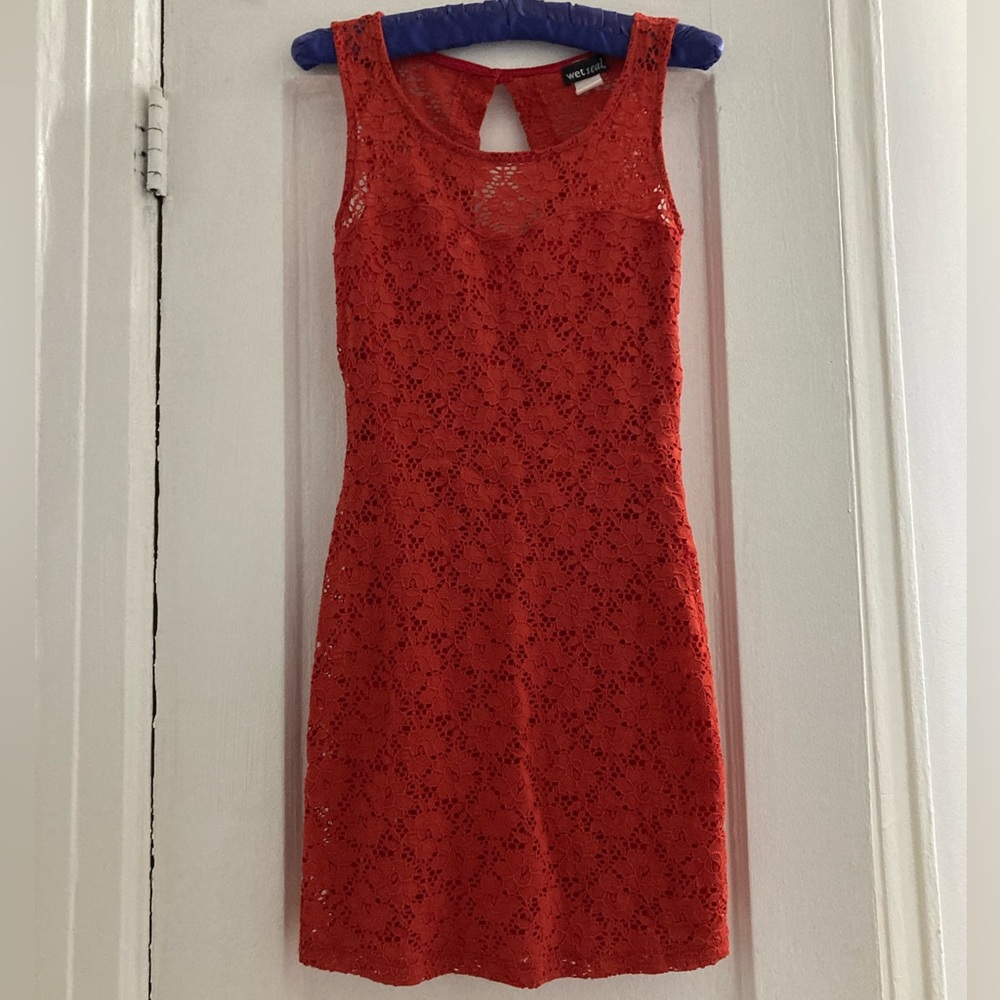 Orange lace sleeveless mini dress